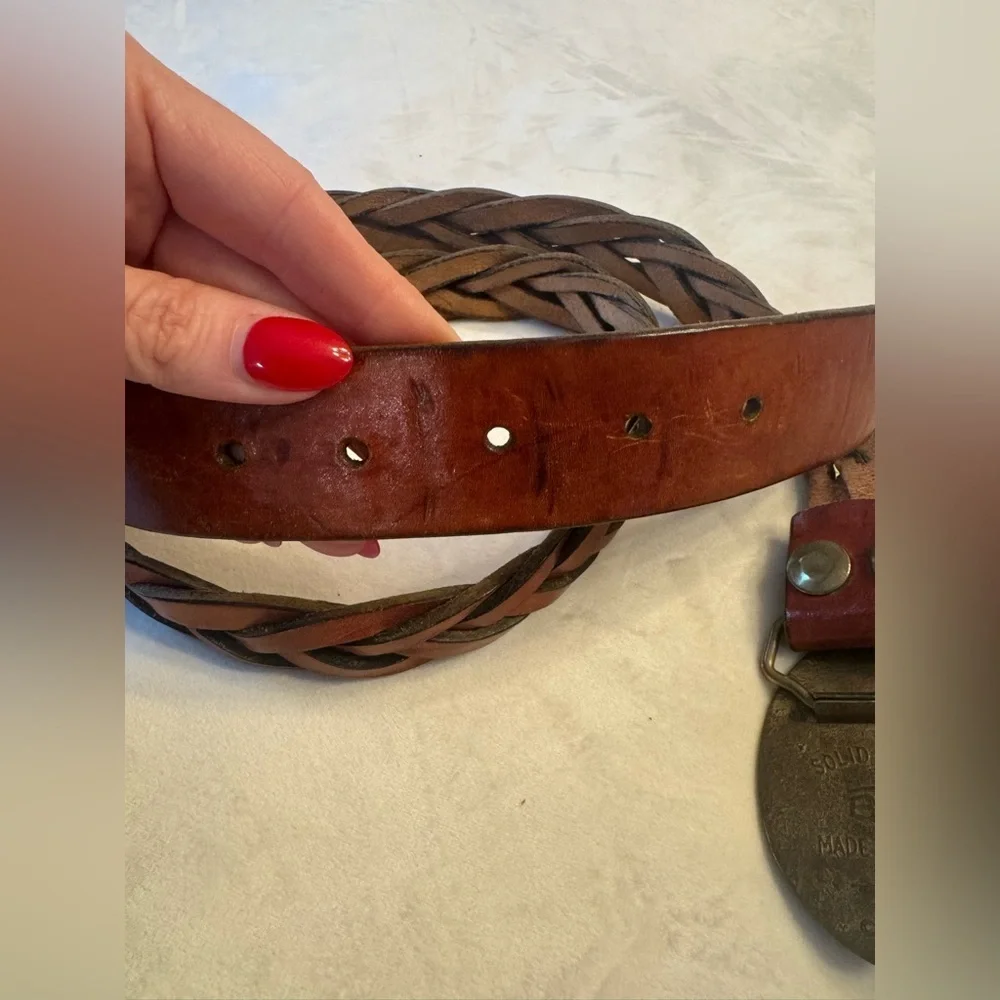 VTG! BTS Solid Brass! Braided Brown Leather Belt w/ Solid Brass Oval Buckle